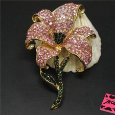 New Pink Bling Flower AB Rhinestone Crystal Fashion Womens Charm Brooch Pin Gift
