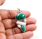 Solid 925 Sterling Silver Jewelry Malachite & Biwa Pearl Silver Pendant 5.6Cm