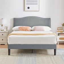 Twin/Full/Queen Upholstered Bed Frame w/Adjustable Headboard Wood Slat Support