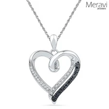 NEW 925 Sterling Silver Heart Necklace CZ Pendant & Chain Women White Black Pave