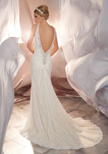 Wedding Dress Mori Lee Style 6866 Size 8 Sheath Fit, Lace, Sequins, V Back - Picture 2 of 9