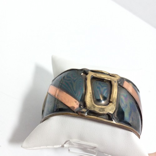 Copper Brass Cuff Bracelet 1 1/4" H Enamel, Artisan Bold Boho Handmade? VGUC - Picture 4 of 12