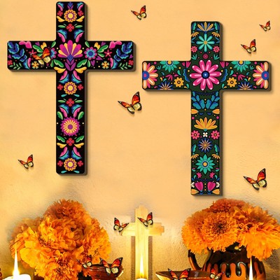2 Pcs Floral Cross Wall Decor Large Mexican Cross Decor 15.75 x 21.26 Inch Sp...
