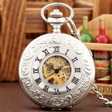Silver/Rose Gold Unisex Handwind Mechanical Pocket Watch Roman Number Dial Chain