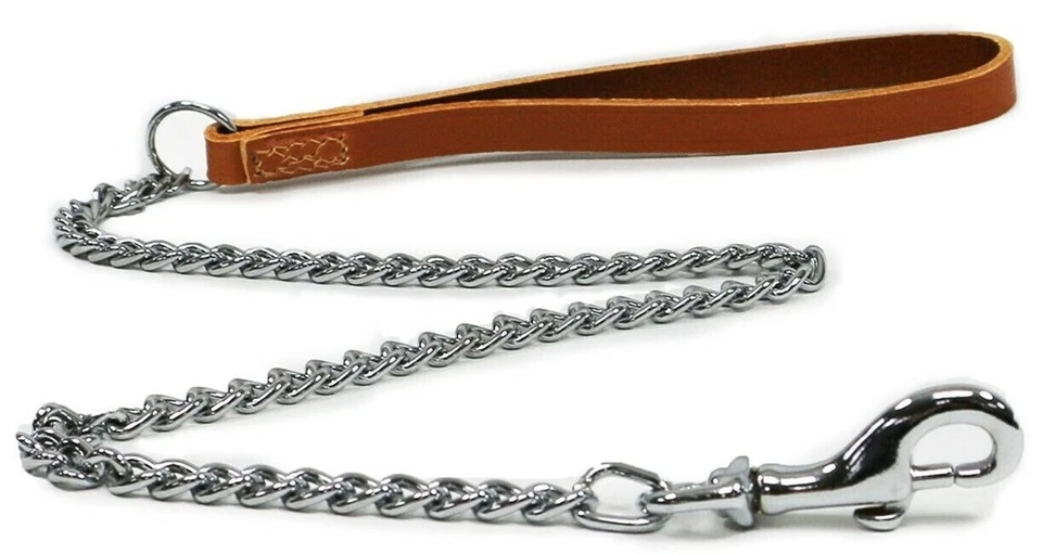 Chain Dog Lead - Tan. Leather, Chrome Steel. 5 Sizes. 50/80/90cm. 30/50/75KG. - Image 3 of 4