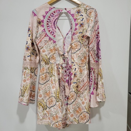 Guess Women's Kali Paisley Cutout Long Bell Linen Sleeve Romper Size S - Picture 3 of 12