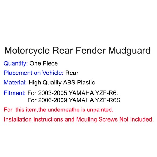 Rear Wheel Tire Hugger Fender Mudguard Black For YAMAHA YZF R6 03-05 R6S 06-09 - Picture 7 of 7
