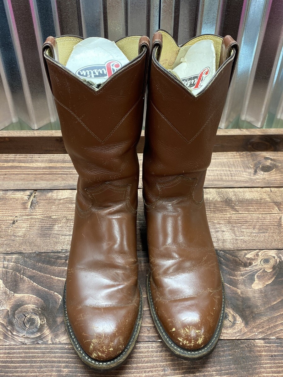 Vintage MEN'S JUSTIN BOOTS SIZE 7 D BROWN WESTERN LEATHER ROUND