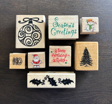 8 Holiday Christmas Wood Mounted Rubber Stamps Tree Santa Snowman Ornament