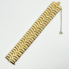 Vintage Crown Trifari Gold Tone Wide Link Bracelet Signed Textured Statement 7"