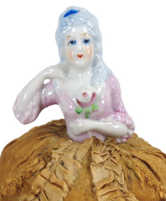 Porcelain Half Doll Colonial Lady Pin Cushion Roses Vanity Accessory Vintage