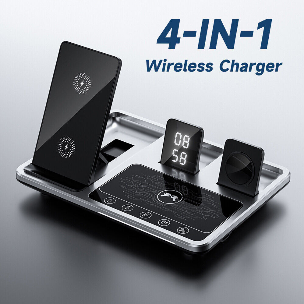 4 IN 1 Night Light Clock Wireless Charger Stand For Apple Watch iPhone 15 14 13