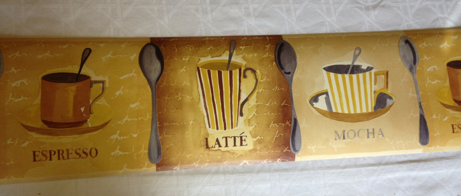 MOCHA ESPRESSO & LATTE COFFEE CUPS PREPASTED KITCHEN WALLPAPER BORDER WL81955B
