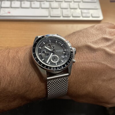 Mens Steel Semi-Mesh Bracelet Fossil CH2602 Decker Black Dial