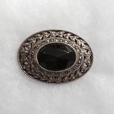 1928 Victorian Revival Black Faceted Glass Oval Mourning Gothic Pin Brooch