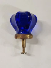 Vintage Cobalt Blue Glass Brass Victorian Style Door Knob Handle Drawer Pull NOS