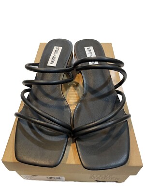 Steve Madden Assured Sandal Black Strap Wood Block Heel Size 7.5 M