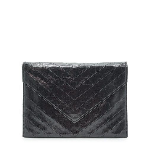 Authentic Yves Saint Laurent Vintage Black Quilted Leather Envelope Clutch Bag