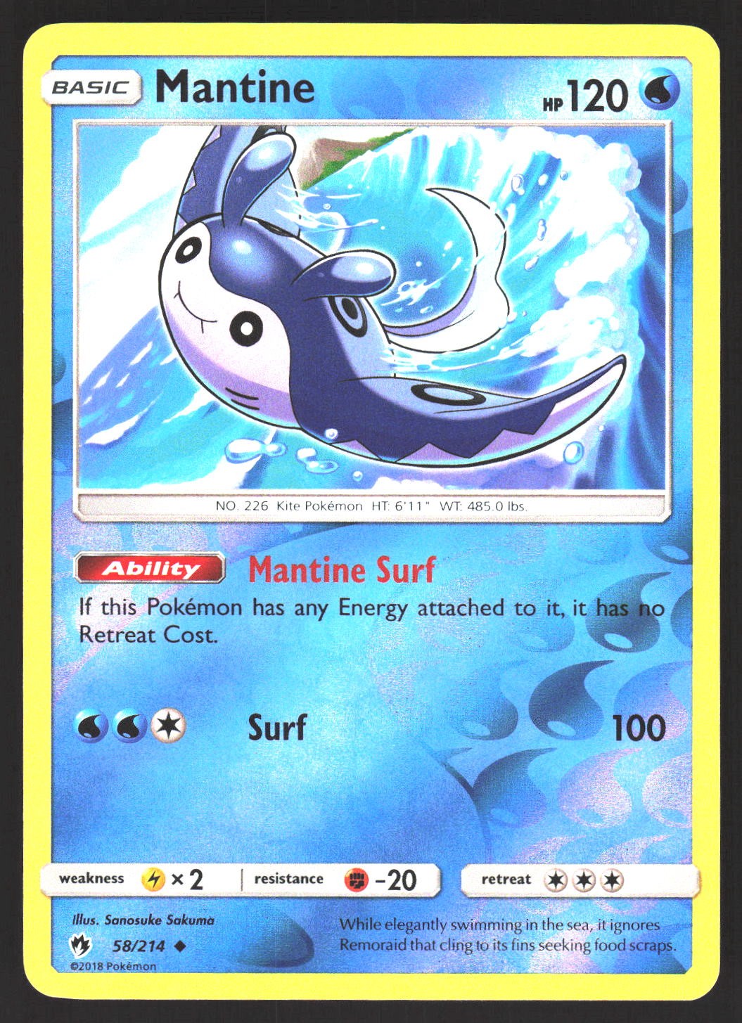 Mantine 58/214 Uncommon Lost Thunder Pokemon Reverse Holo Moderately Played