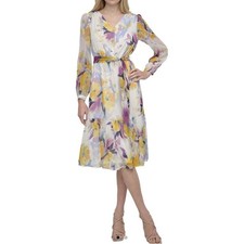 DKNY Sunshine Floral Chiffon Midi Dress Yellow Purple NEW size 6