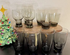 Libbey Smoke Glass Set 10pc Stax Goblets Lowballs Tall Tumblers Vintage Barware