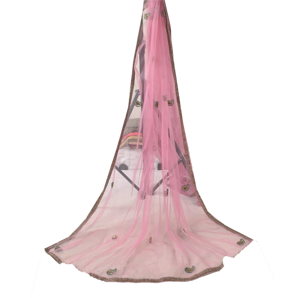 Velo bufanda con cuentas a mano malla rosa indio Dupatta/estola larga vintage sánskriti Foto 2 de 4