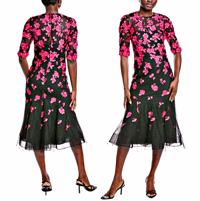 Teri Jon 3-D Floral Applique Illusion Neck Tulle Mermaid Midi Gown sz 12  $940 | eBay