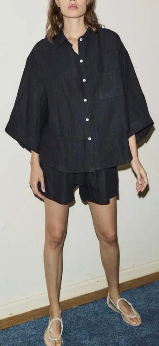 DEIJI STUDIOS BLACK SHIRT BLOUSE LINEN BOXY 3/4 SLEEVE WOMENS MEDIUM LARGE
