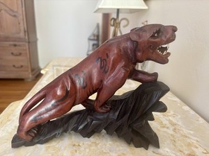 Vintage Japanese Carved Wood Ferocious Tiger On Tree Branch Sculpture Figure