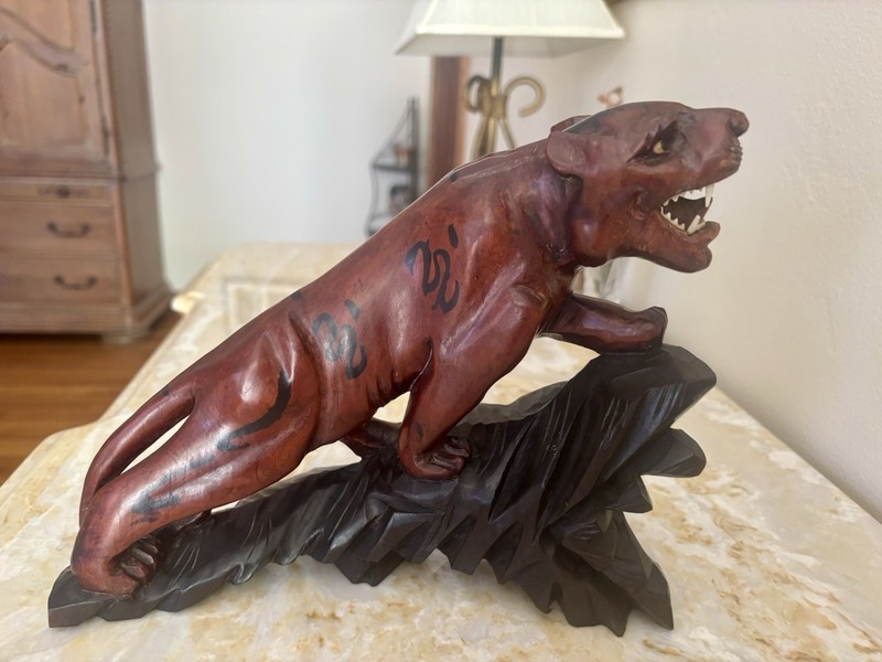 Vintage Japanese Carved Wood Ferocious Tiger On Tree Branch Sculpture Figure