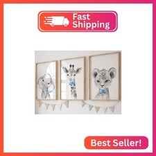 Safari Animals Baby Boys Nursery Set of 3 Unframed Wall Art Prints, Gray Baby An