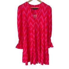 Pomander Place Mini Dress S Pink Red Ikat Chevron Tiered Smocked Ruffle V-Neck