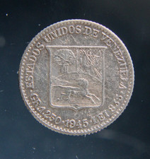 Venezuela, 25 Centimos, 1945, silver coin, 0.835