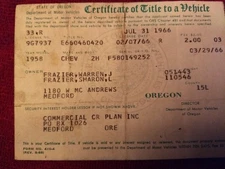 Vintage Historical Oregon Title 1958 Chevrolet Impala 2dr Hardtop Document