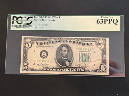 1950 $5 FRN. PCGS Uncirculated 63 PPQ Banknote. WIDE I FR. 1961c - Picture 1 of 8