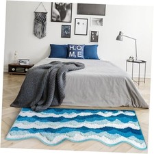 3D Ocean Wave Bedside Rug Blue Soft and Absorbent Tufted Bathroom 21x50 Inch
