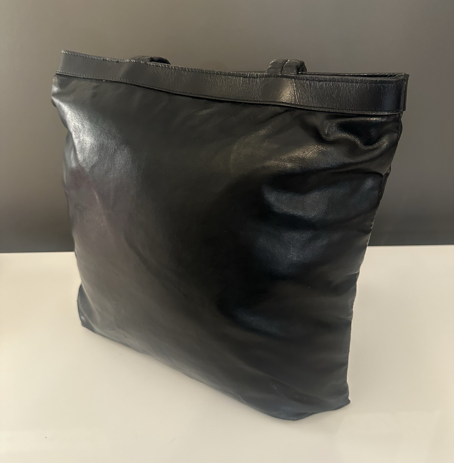 Jean Paul Gaultier Black Leather Tote Logo Vintage 12" X 13" Double Handle Rare