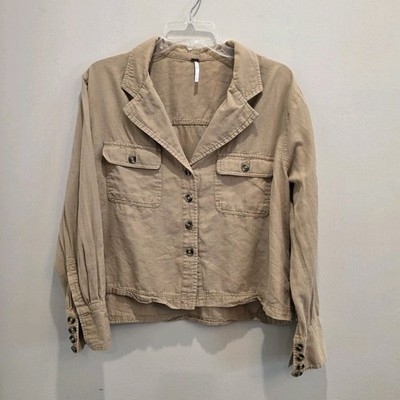 Free People Tan Button Up Raw Hem Top Shirt Layering Top Size Small