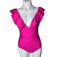 J. Crew Women's 8 Pink Ruched Ruffle One Piece Swimsuit V-Neck resort Vacation