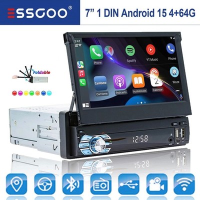 7'' Single 1DIN Car Stereo Flip Out Touch Screen Android 15 Radio Carplay MP5 USB