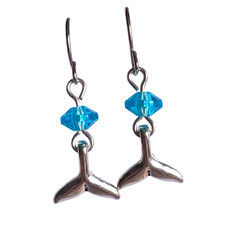 Silver Mermaid Whale Tail Earrings Aqua Bead Plated Dangle Dainty Nautical
