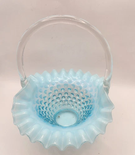 Vintage FENTON AQUA BLUE OPALESCENT HOBNAIL   HANDLED RUFFLED BASKET