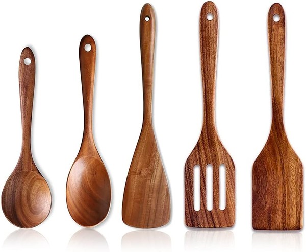 5 StüCk Pfannenwender Holz Mit Loch KüChenutensilien Set HolzlöFfel Kochen Be-image