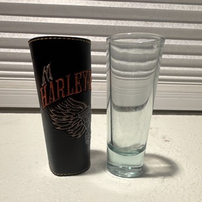 Harley Davidson Shot Glass Black Leather Around 4/2 Inch Tall Shock Glass Logo