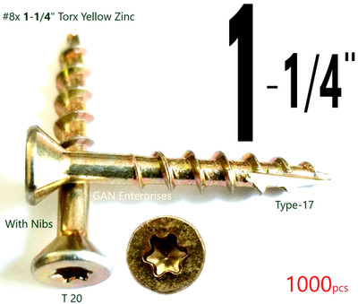 (1000) Torx T20 Star Flat Head 8 x 1-1/4'' Yellow Zinc Type 17 Outdoor Wood Screw