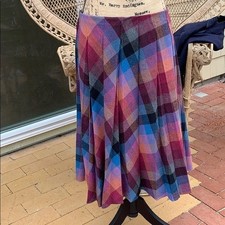 Vintage 80s handmade pleated skirt A-line plaid blue purple wool 34" waist