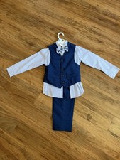 Van Heusen Boys 5T Blue 4 Piece Suit Set Vest Pants Polka Dot Shirt Bow Tie