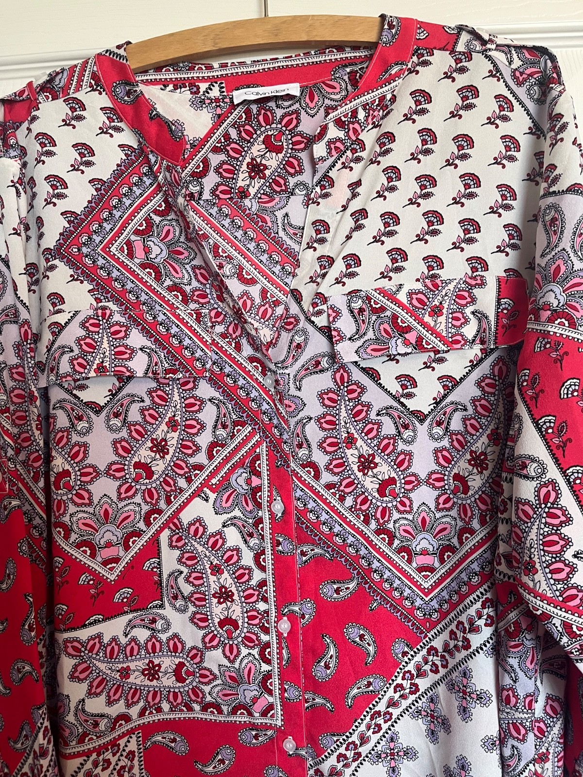 Calvin Klein Roll Sleeve V Neck Button Down Women’s PLUS Size Paisley L/S Blouse thumbnail 13