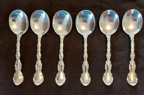 6 Gorham STRASBOURG Pattern Sterling Silver Round Bowl Cream Soup Spoons, 6-1/4"