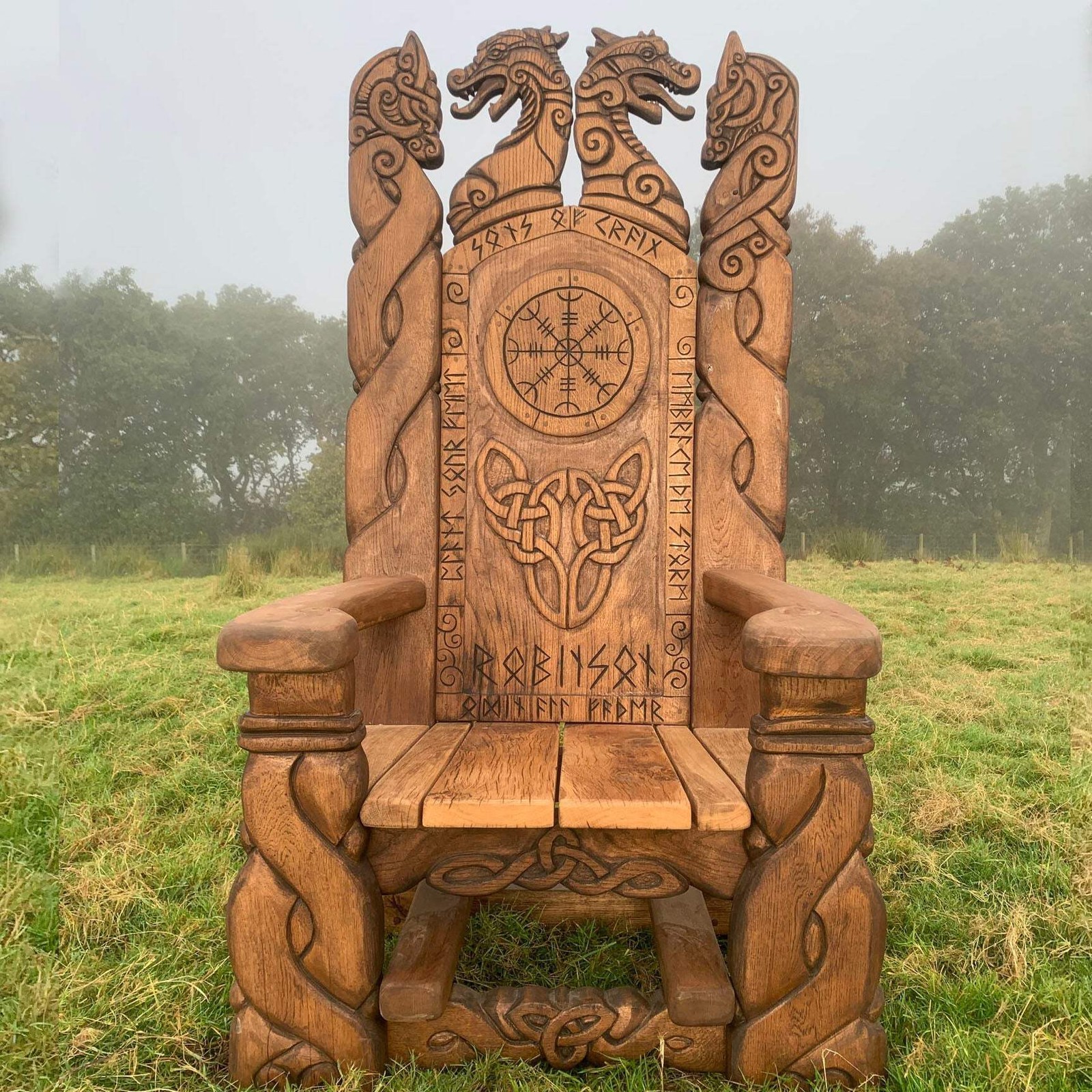 Handcrafted Viking Throne – Rune-Carved Storytelling Chair with Norse Mythology